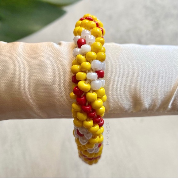 Artisan Yellow Red Crochet Seed Bead Bangle Bracelet - Picture 3 of 5